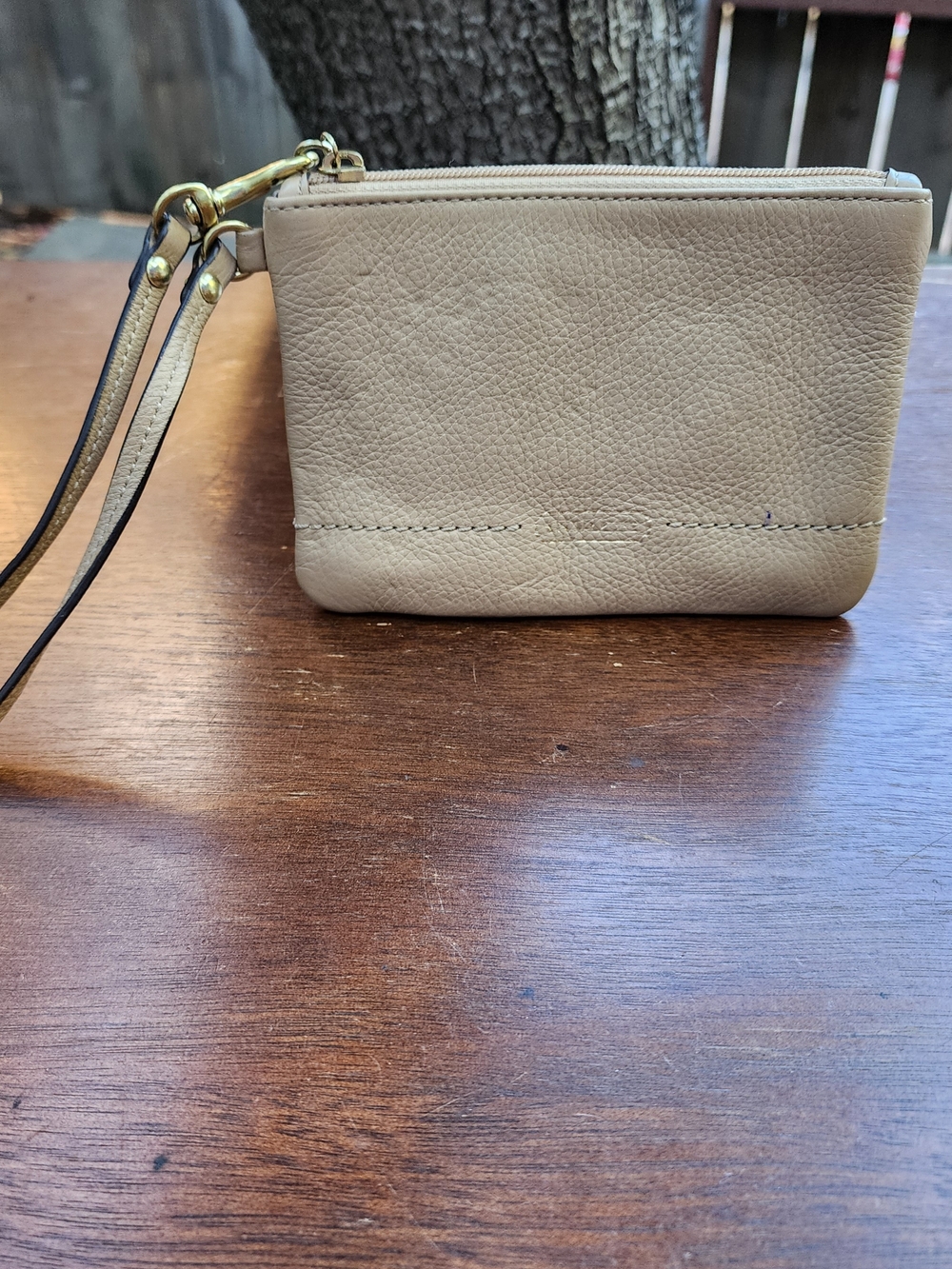 Genuine Pebbled Leather Zip Top Wristlet Pouch - Neutral Beige Tan